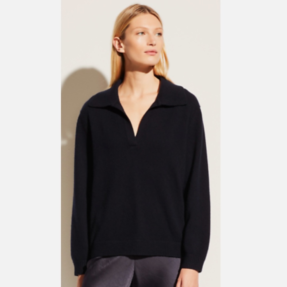 Vince Navy Blue Wool Cashmere Open Neck Polo Sweater
